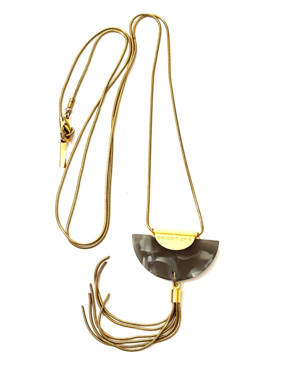 Shlomit Ofir Signed Gold Tone Geometric Acrylic Tassel Pendant Necklace